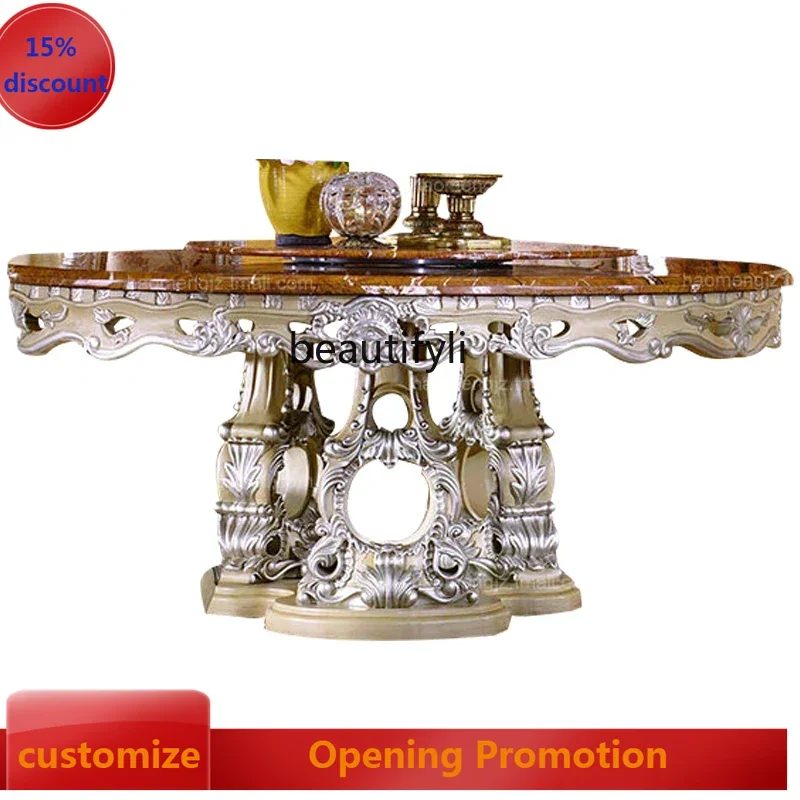 ss8350 European solid wood marble dining table American silver tracing old with turntable luxury furniture