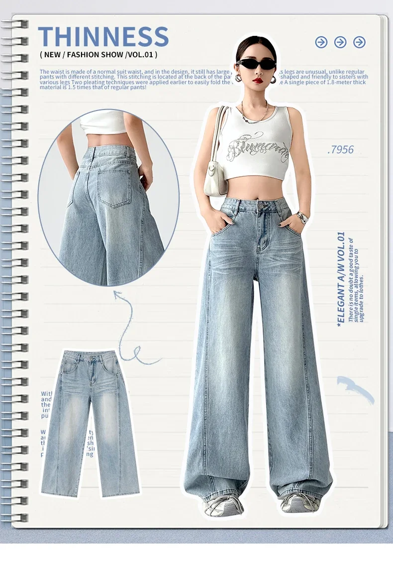 

Loose Fit High Waist Casual Denim Pants Flared Trousers Long Length Floor Dragging Wide Leg American Retro Blue Jeans