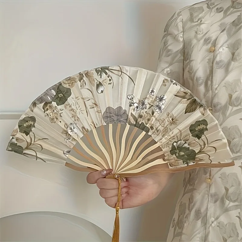 Traditional Chinese Ink Painting Folding Fan Portable Bamboo Cloth Hand Fan with Floral Pattern and Tassel for Qipao Accessory