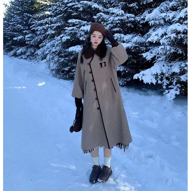 

2024 Autumn and winter new style fashionable temperament sweet college style thick medium long woolen coat for women