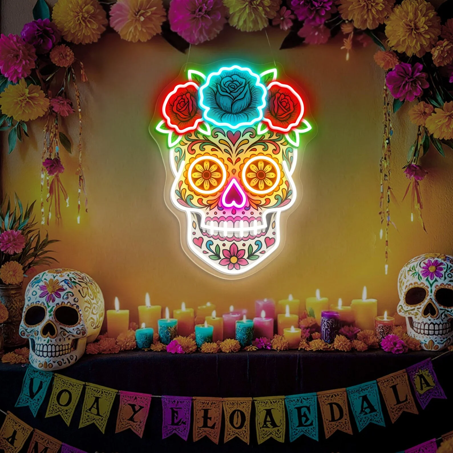 Mexican Sugar Skull Neon Sign Day of the Dead LED Sign Dia de los Muertos Decor Colorful Skull Wall Art Fiesta Party Sign