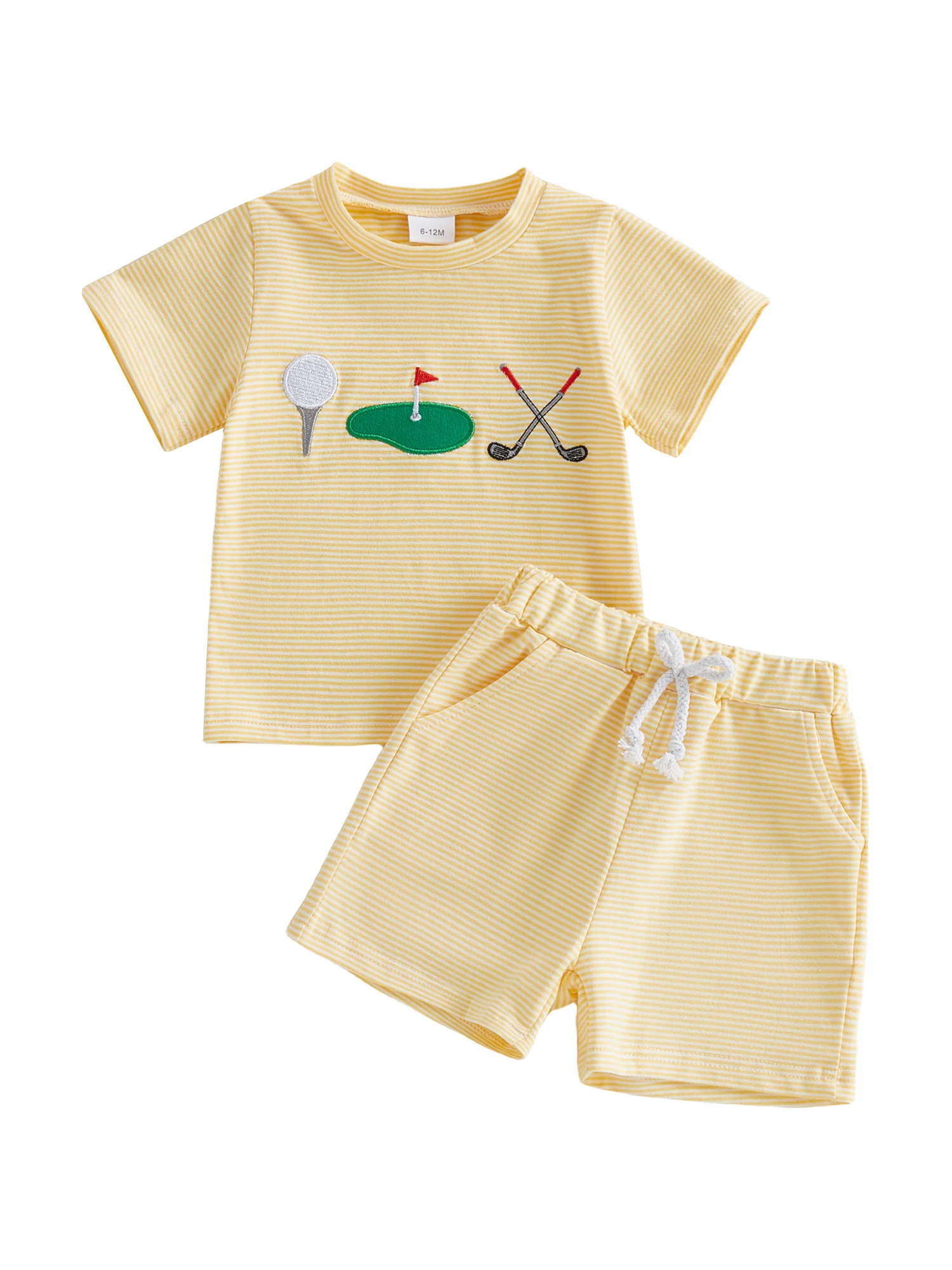 

2Pcs Baby Boy Casual Wear Short Sleeve Crew Neck Embroidered T-Shirt and Striped Shorts Set with Elastic Waistband for Summer
