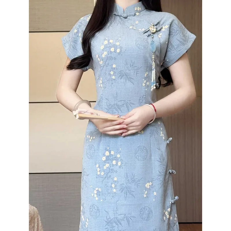 فستان تشيباو بأكمام قصيرة باللون الأزرق القديم للفتيات الصغيرات أنيق على الطراز الصيني للصيف وصل حديثًا ملابس للاستخدام الخاص من البر الرئيسي في الصين