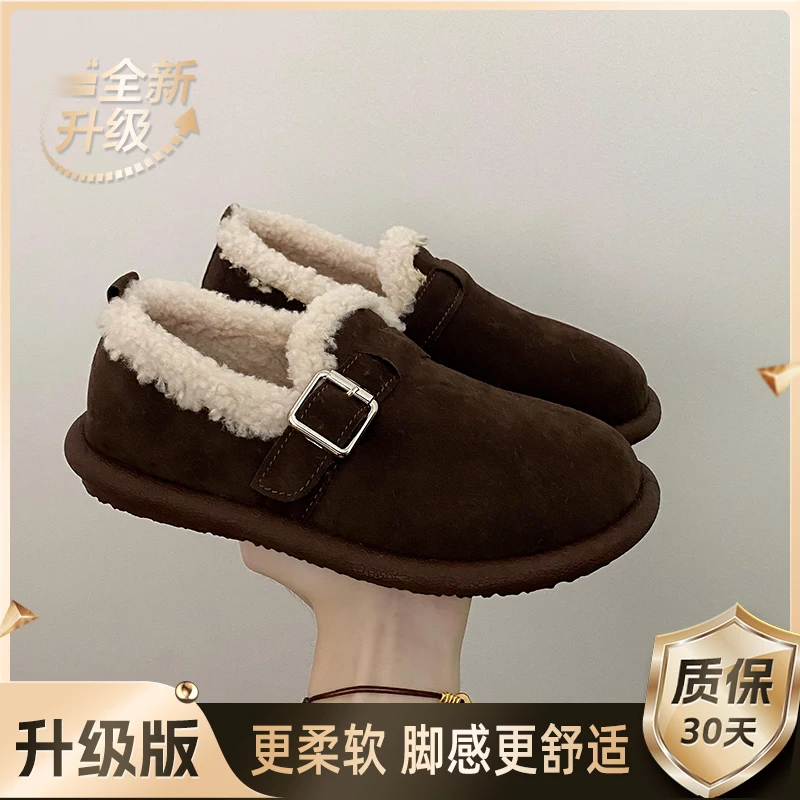 Women\'s Shoes 2023 New Autumn and Winter Lefu Shoes Flat Bottom Non Slip Comfortable Plush and Warm Soft Sole Shoes