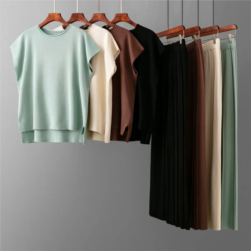 

Women Summer Casual Loose Solid Set O-Neck Sleeveless Split Pullovers and Pleated Elastic High Waist Wide Leg Pants Thin Outfit