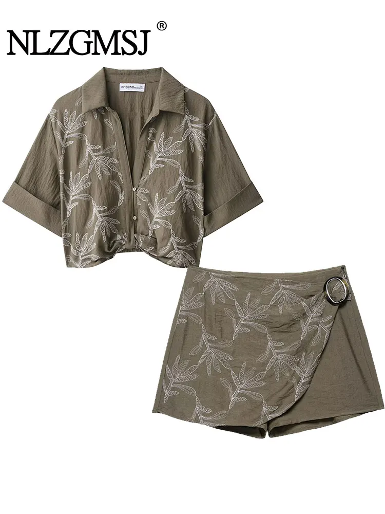 

NLZGMSJ женские комплекты из 2 предметов с шортами, новая модная короткая блузка с вышивкой, женский костюм, брючная юбка, комплект из двух предметов, женская одежда