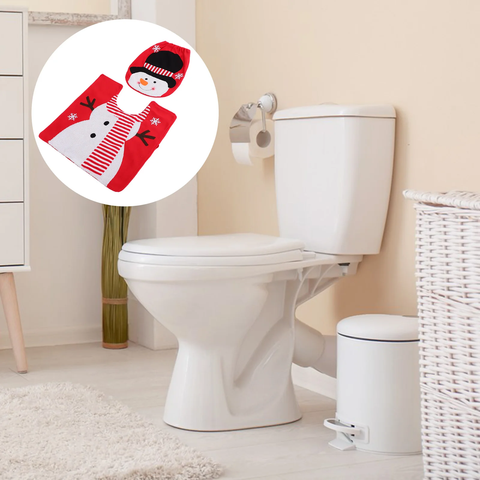 

1 Set Christmas Toilet Lid Protector Xmas Toilet Floor Mat Set Snowman Design Washable Non-Slip Bathroom Rug For Holiday Home