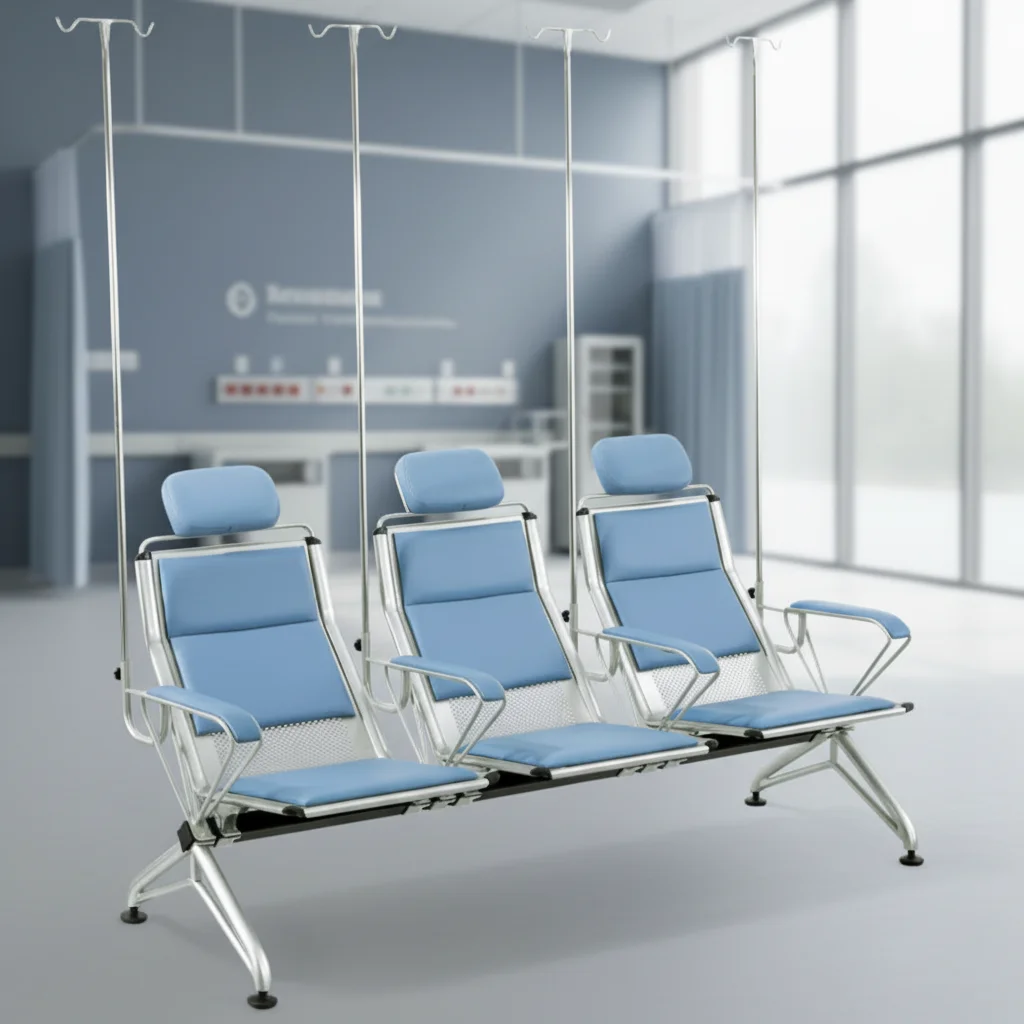 Medical Waiting Room Three-Person Seating With IV Support Poles