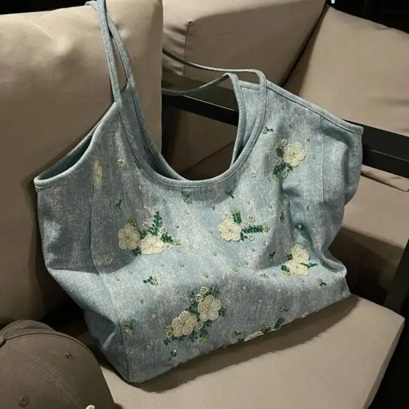 Bloom Floral Embroidery Blue Denim Handbag Women Fairy Core Aesthetic Y2k Shoulder Bags Female Large Capacity Underarm Bag