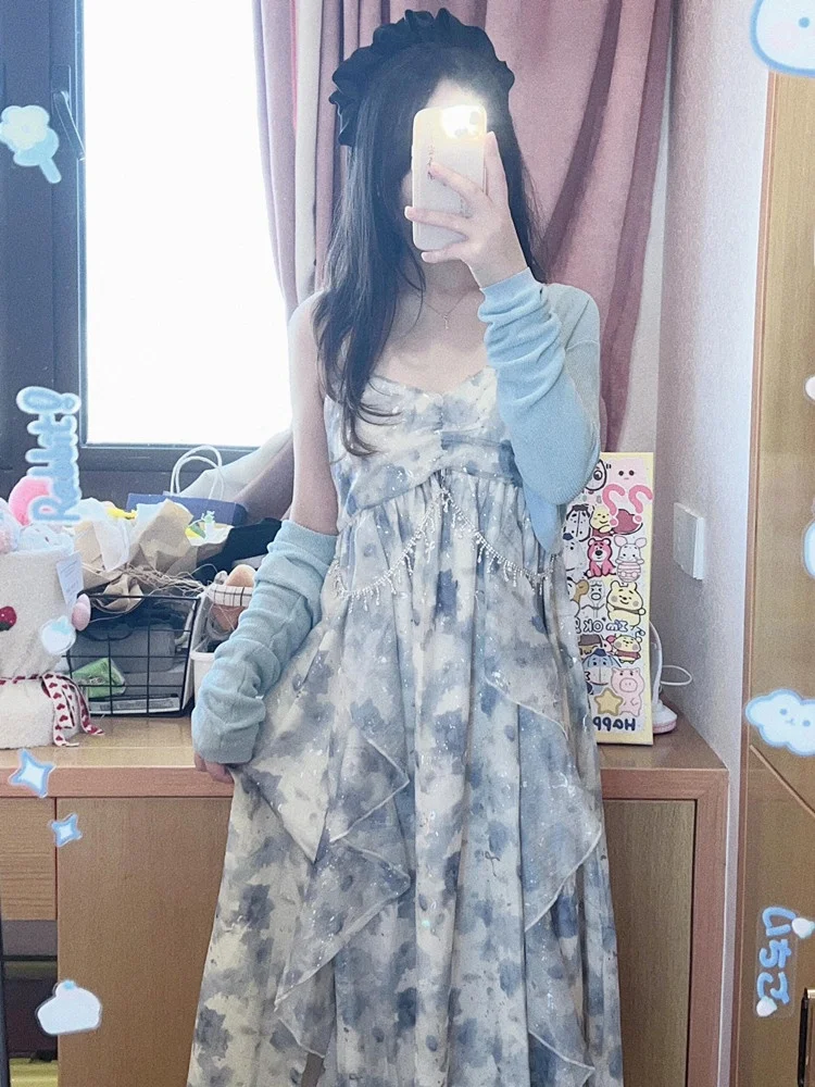 

Shiny Starry Glossy Floral Print Women's Summer Beach Vacation Strap Long Dress Crystal Xuan Sweet Princess Style Maxi Dress