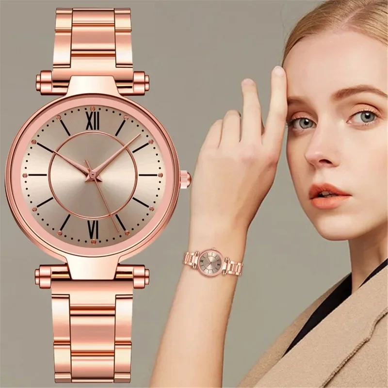 Relógios de aço inoxidável de ouro rosa para mulheres, Classic Round Dial Quartz Watch, Relógios de pulso femininos, Jóias de pulso