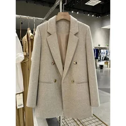 2025 Autumn Winter New Beige Metal button down Woolen Suit Jacket British style Medium length Female Casual Coat