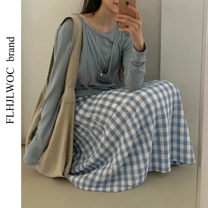 Cotton Linen Skirts Art Mori Girls Cute Sweet Japanese Style FLHJLWOC Casual High Waist A Line Blue Plaid Long Skirt