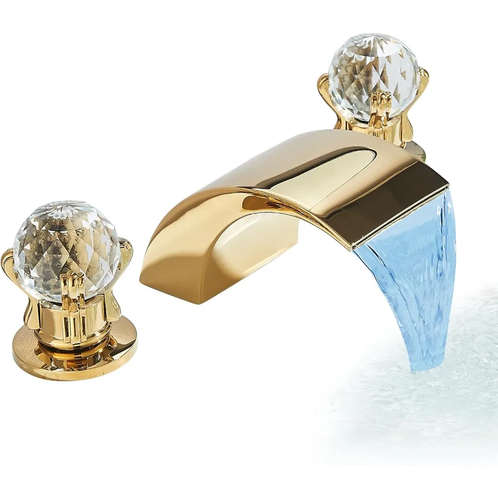 

NeierThodore LED Widespread Bathroom Faucet Waterfall Gold Polished Lavatory Faucets Basin Mixer Tap 2 Crystal Knobs 3 Holes