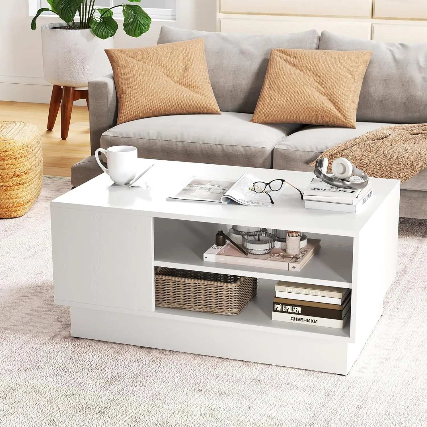 

Modern Coffee Table With Storage, 34” Wooden Center Table With 2-Tier Open Storage Shelves, Open Side, Rectangular, Customized
