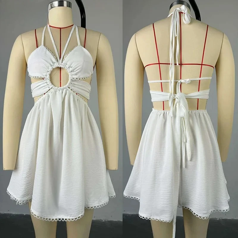 2025 fashion Sexy Halter Lace-up Backless A-line Mini Dress Women Holiday Hollow Out Beading Sleeveless Club Party Short Dresses