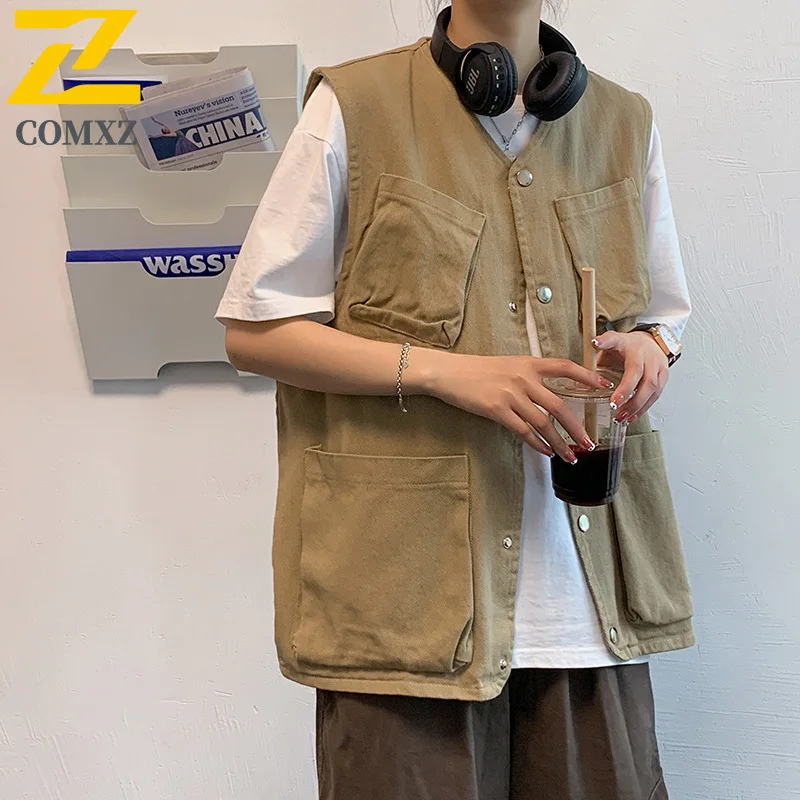 

Men's Workwear Vest Summer Loose Vintage Sleeveless Jacket Korean Style Streetwear Multi-Pocket Casual Oversized Denim Waistcoat
