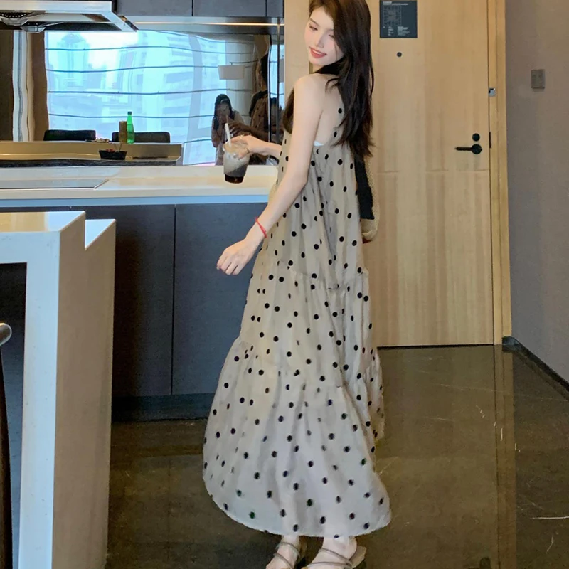 2024 Women's Summer Boho Long Dress Elegant O-Neck Party Dresses Vintage Polka dot Sleeveless Sexy Loose Ruffle Beach Dress Y2K