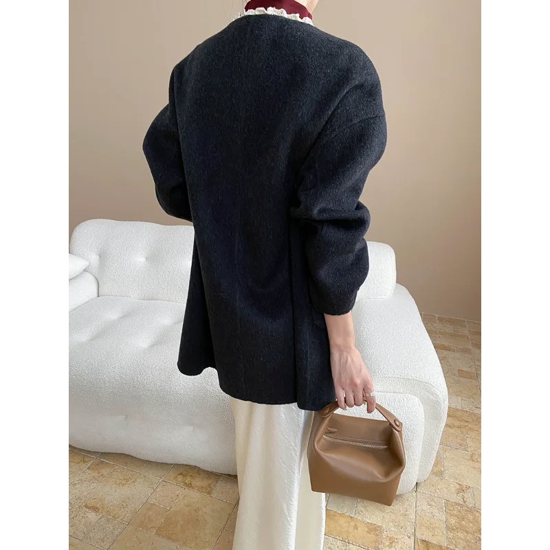 French Lace Round-neck Wool Blended Double-sided Tweed Coat Women Fashion Simple Sweet Long-sleeved Warm Autumn Winter Lady Coat