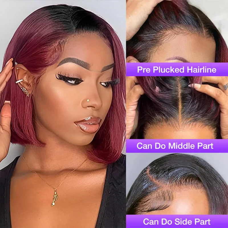 1B/99J Ombre Short Straight Bob Wigs Human Hair With Pre Plucked Hairline Transparent Lace Frontal Short Human Hair Wigs