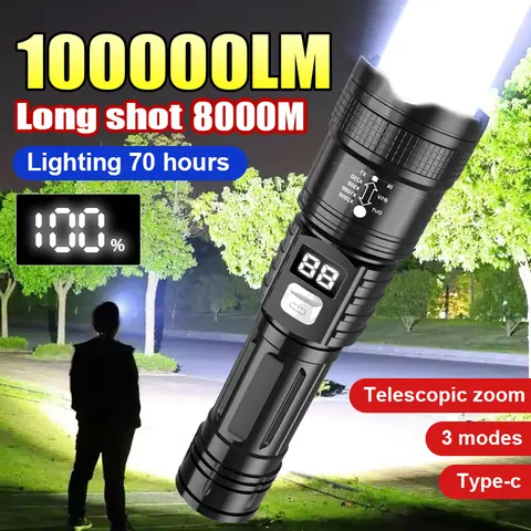 100000LM Super Bright Led Flashlights Rechargeable LED Torch Long Range Tactical Lamp for Outdoor Waterproof Camping Lantern