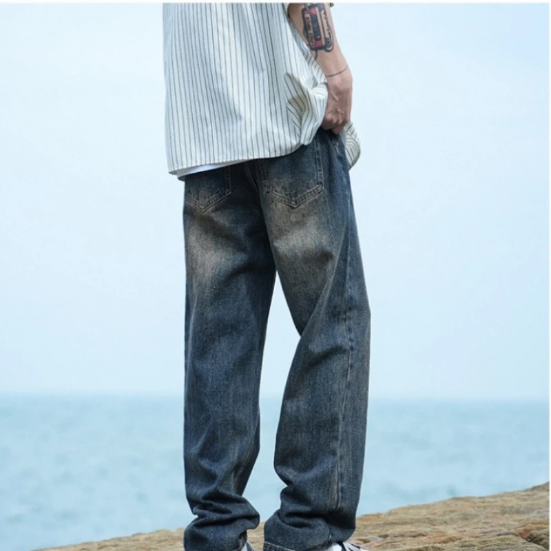 Men Denim Pants Wide Leg Jeans Casual Trouser Loose Man Clothing Trend Vintage Streetwear Straight Leg New Thin Solid Blue