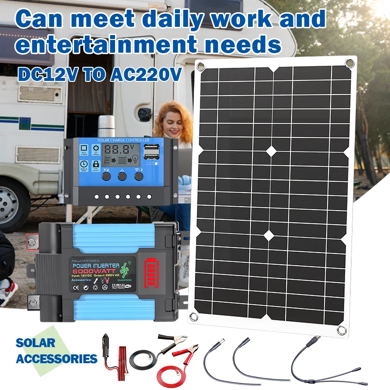 600W Solar Panel Power Kit 6000W Inverter 100A Charge Controller DC12V to AC110V/220V Off Grid RV Home System