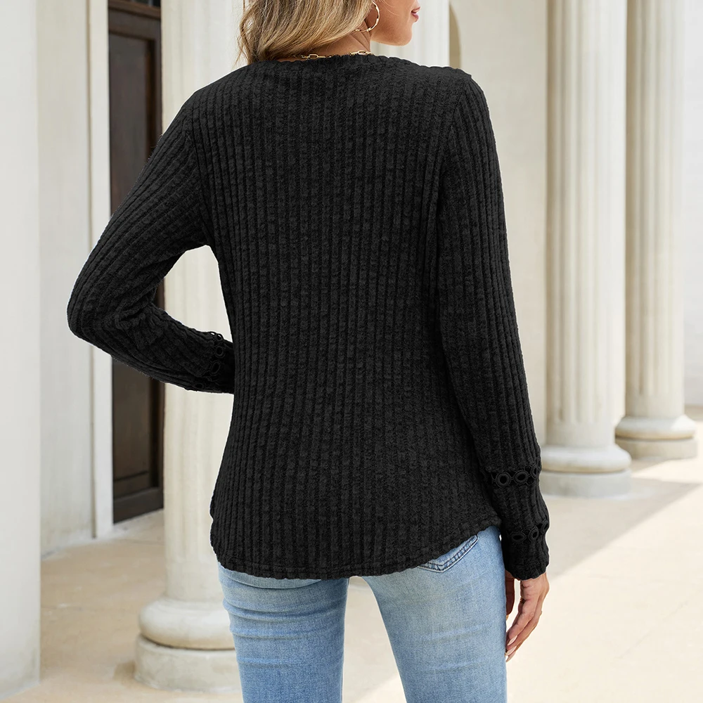 Women's Loose Long Sleeve Fleece Top Solid for V Neck with Lace Trim Designed for Beach Holiday Vacation and Light Fitness Use