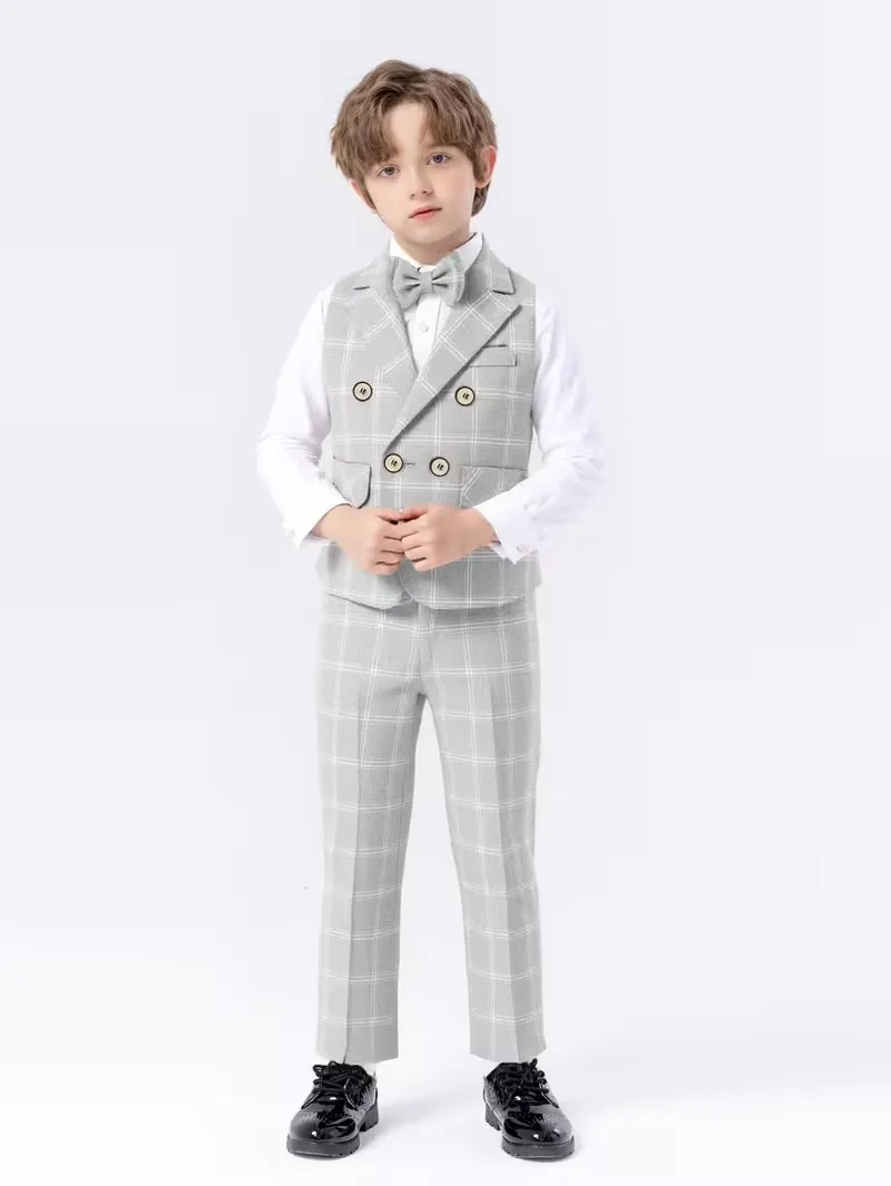 Jungen Karierter Grauer Sommeranzug 4-teilig/Set Weste Hemd Hose Fliege Fotografie-Anzug Kinder Hochzeitsanzug Kinder Zeremonie-Kostüm