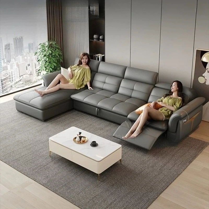 L-Shaped Multifunctional Italian Genuine Leather Sectional Couch Modern Electric Recliner Sofa Bed with Adjustable Backrest view 2