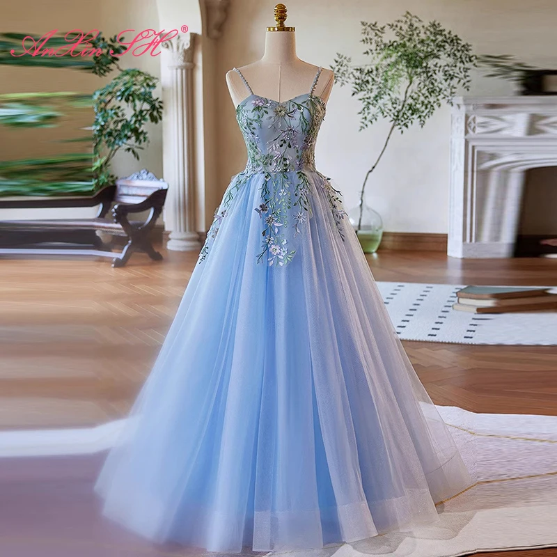 AnXin SH vintage princess sky blue lace flower spaghetti strap beading pearls stage ball gown lace up customized evening dress