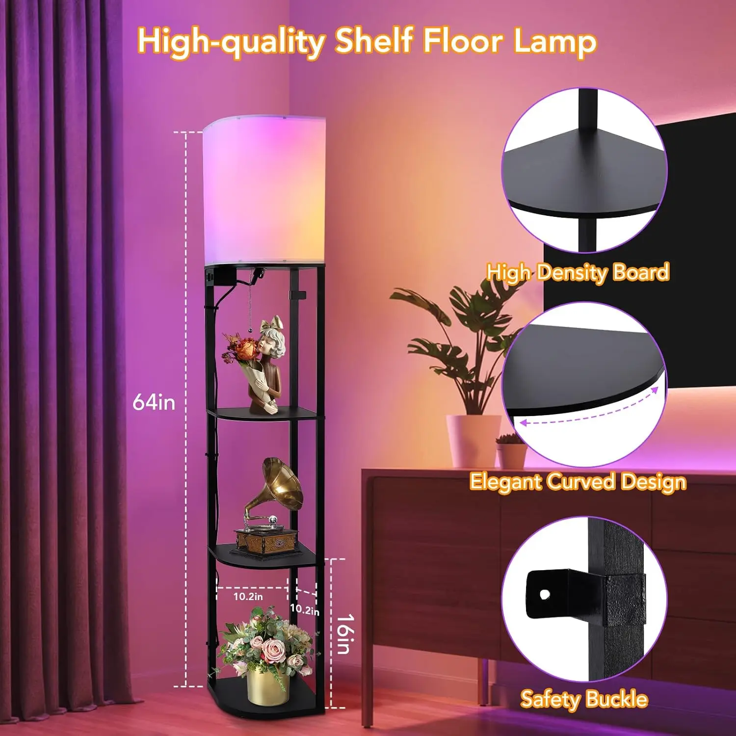 Smart RGB Shelf Floor Lamp with 2 USB Ports & 1 Power Outlet, Modern Display, 3-Tier Sector Corner Shelf Standing Lamp, RGB Bulb