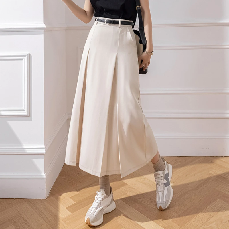 Koreańska moda Wysoka talia A-line Długie spódnice Biuro Panie Elegancka prosta spódnica garniturowa 2025 Nowa wiosna lato Casual Midi spódnice