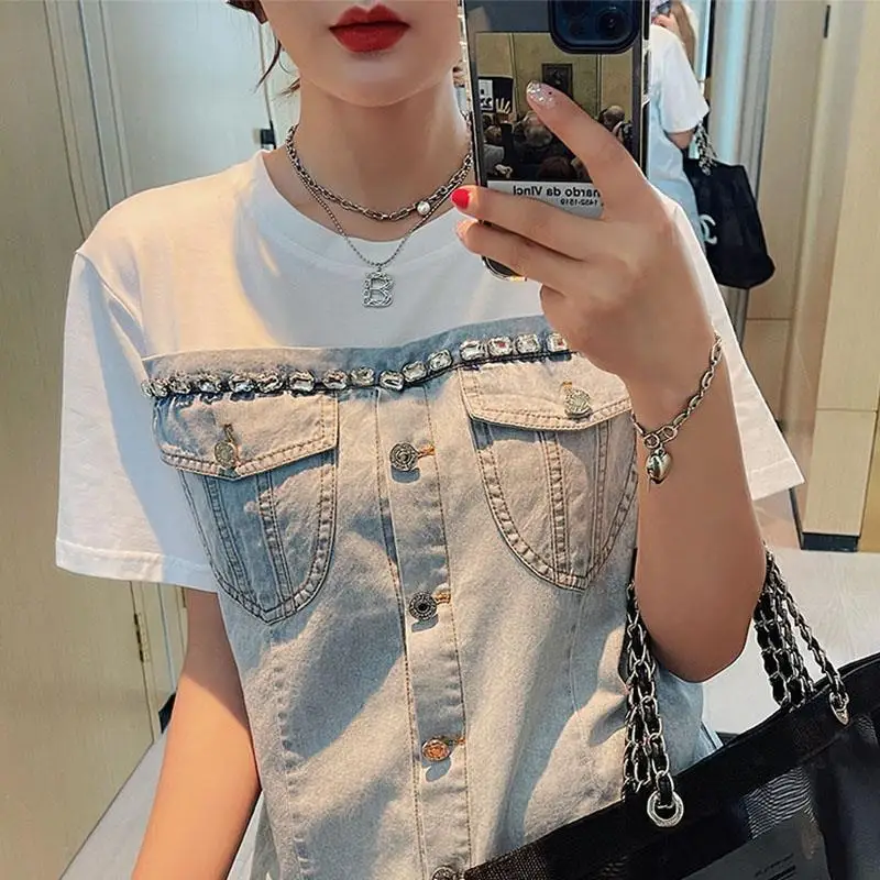 Fashion Simple Color Matching Diamond Denim T-shirt Dress Women High Street Fake Two-Piece Short Dress Summer Vestidos Femininos