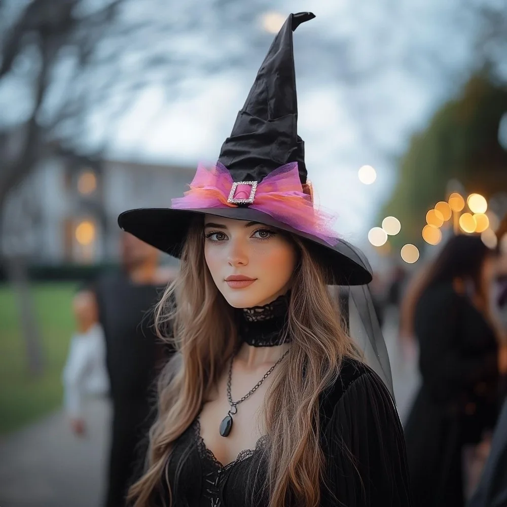 

Portable Folds Halloween Witch Hat Satins Baroque Mesh Bow Witch Hat Black Cosplay Photo Props Wizard Cap Parties