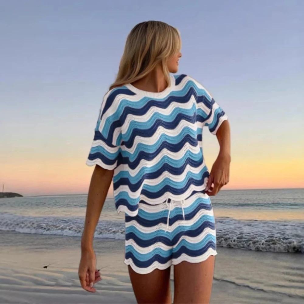 Fashion Ripple Striped Hollow Knitted Loose and Comfortable Short Sleeved Top and Shorts Two-piece Set