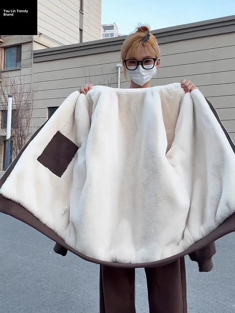 

Brown ort Dyed PU Leather Jaet Men Women Winter Lamb Velvet Jaet American Sle Fur Collar Mountain Eagle Cotton Clothes