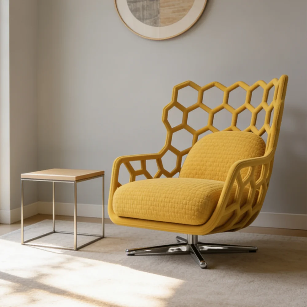 Moderner gelber Waben-Akzentsessel, drehbarer geometrischer Hohlsessel, nordischer Luxus-Einzelsessel für das Wohnzimmer