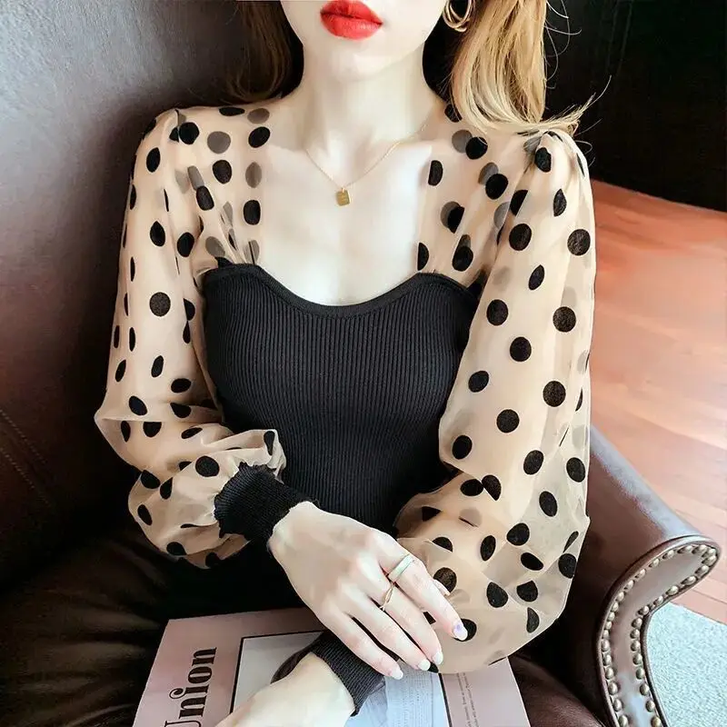 2023 French Style Long Sleeve T-shirt Spring Square Neck Lace Patchwork Polka Dot Puff Sleeve Pullovers Female Temperament Tops