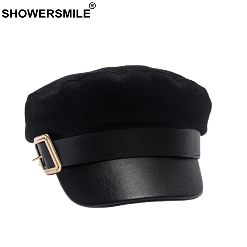 

SHOWERSMILE Black Newsboy Caps Winter Golden Buckle Captain Hat Women Flat Caps Ladies Elegant Classic British Baker Boy Cap