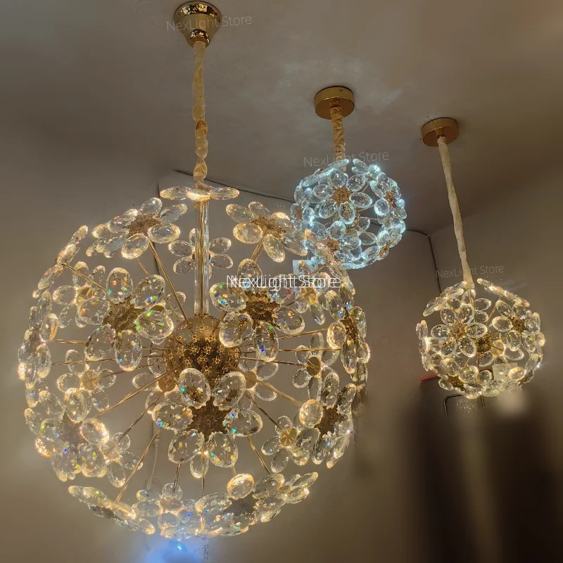 

French Crystal Flower Ball Atmosphere Pendant Light for Villas, LOFT, Duplex Residences, Staircase, and Restaurant Bar Lighting
