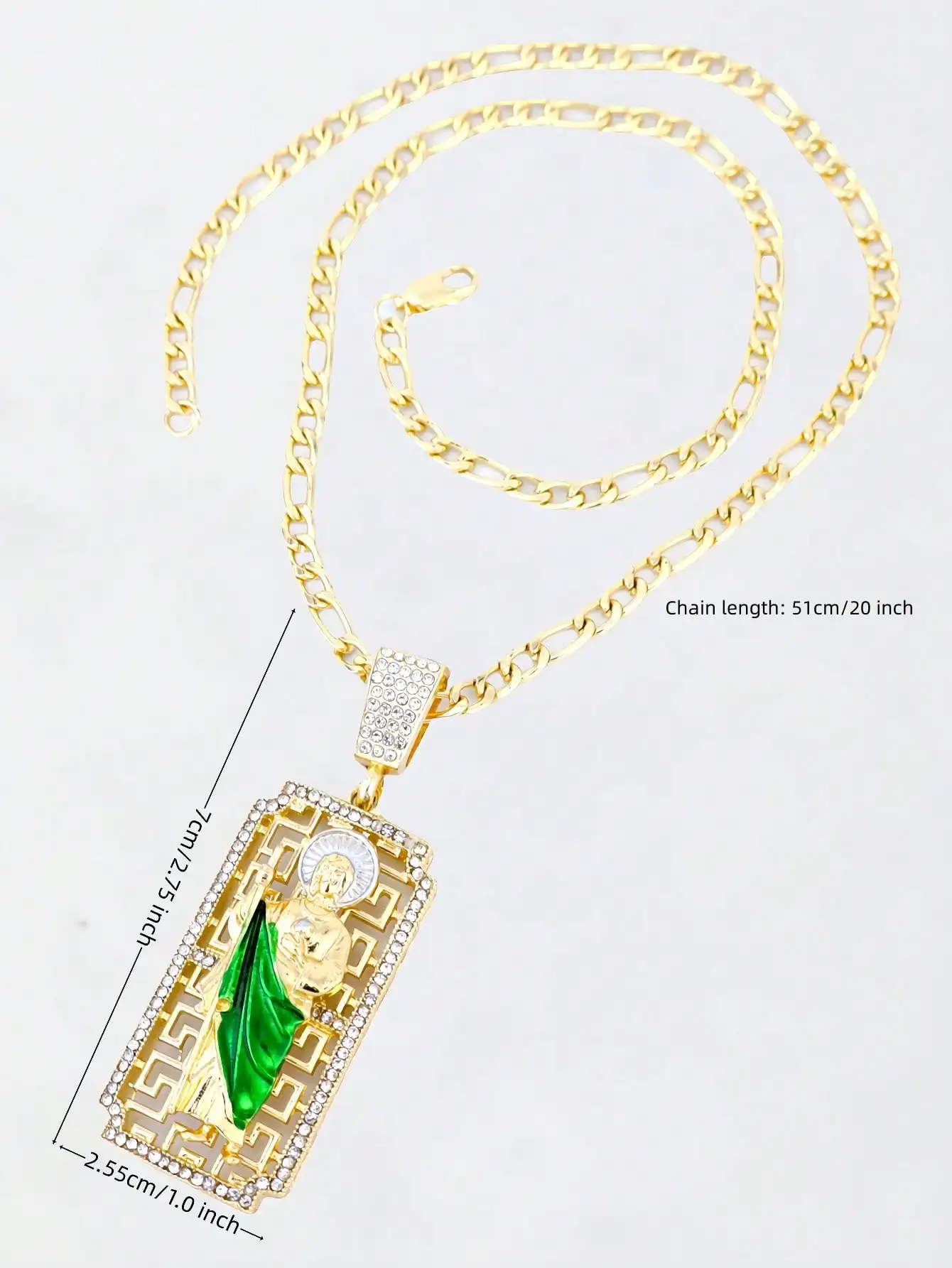 1pc Vintage Floral Green St. Jude Necklace Saint Jude Figaro Chain