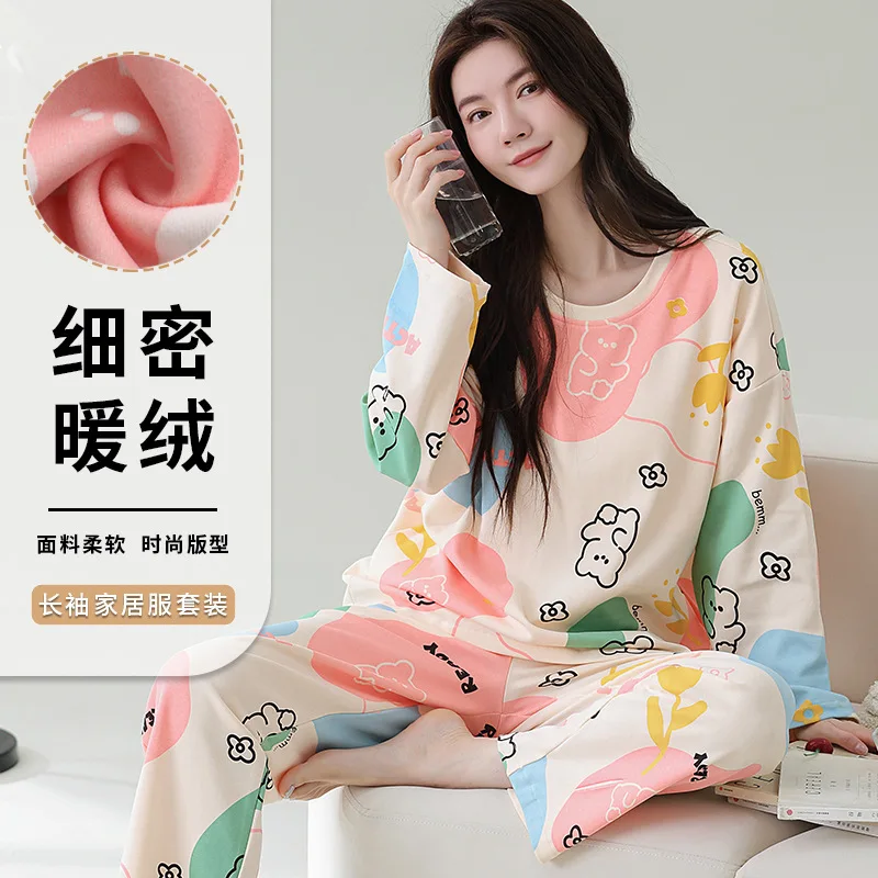 pajamas girl's female autumn winter Women's Clothing keep warm Sleepwear long sleeves Pajama Set cartoon PJ Set homewear suit