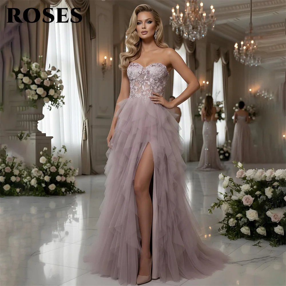 

ROSES Dusty Rose Party Dress Sweetheart High Slit Evening Dress Tiered Tulle Formal Gown with Lace Bodice Prom Gown Customized