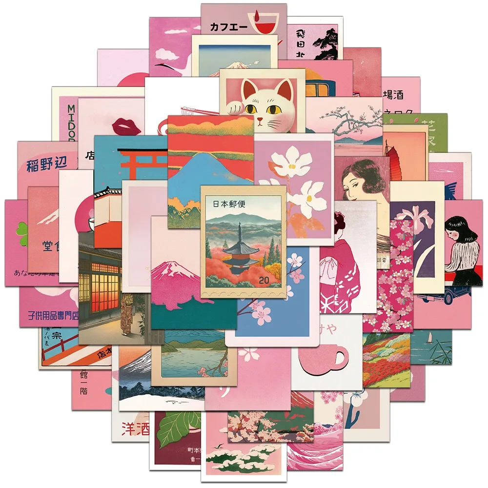

10/50pcs Pink Japanese Culture Retro Aesthetic Stickers Decals For Laptop Bottle Scrapbook Suitcase Wall DIY Waterproof Sticker