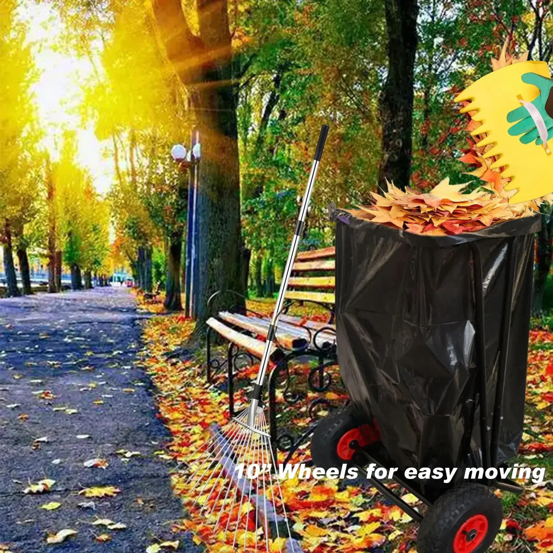 Mobile garbage bag rack Outdoor lawn leaf bag with leaf groove Metal rake