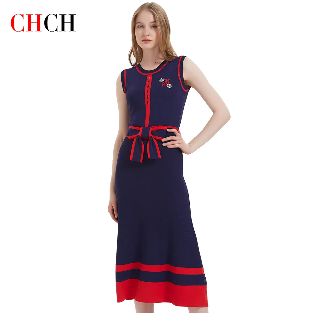 CHCH Women\'s Dress 2024 New Sleeveless Knitted Long Dress Simple navy blue Business Women\'s Wear