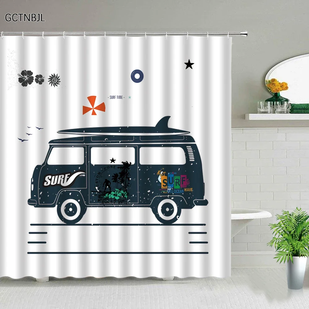 Cartoon Summer Travel Shower Curtain Camper Skateboard Ocean Coconut Landscape Polyester Fabric Home Decor Hook Bathroom curtain