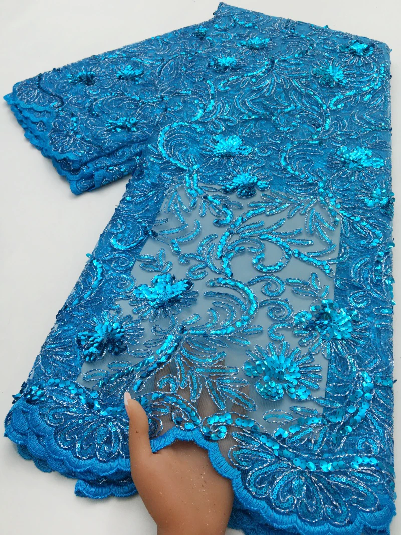 

African Lace Fabric 2026 High Quality 5Yards French Tulle Laces Fabric Beaded Nigerian Lace Fabric for Wedding Sewing TY4683