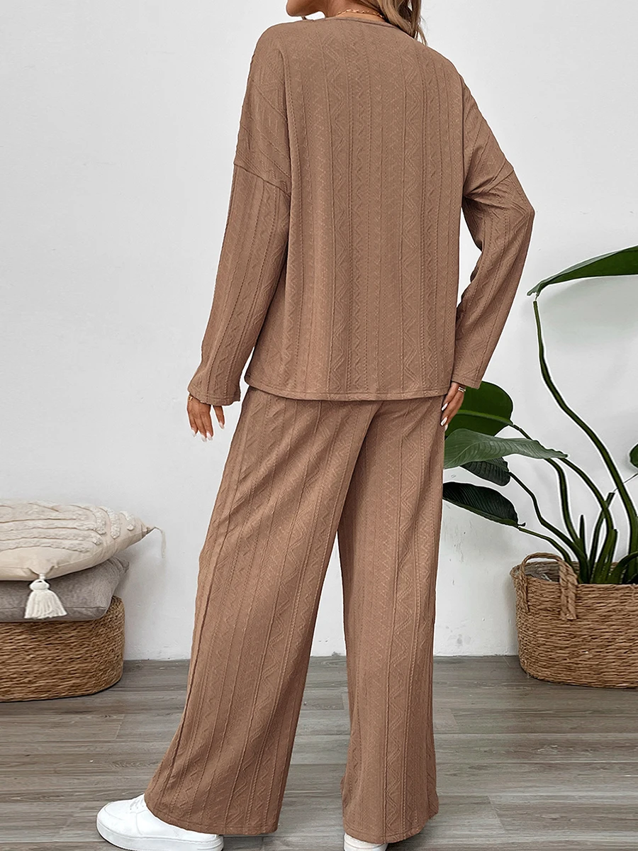 Dames herfstloungewear-set effen kleur tops met lange mouwen en losse lange broek nachtkleding